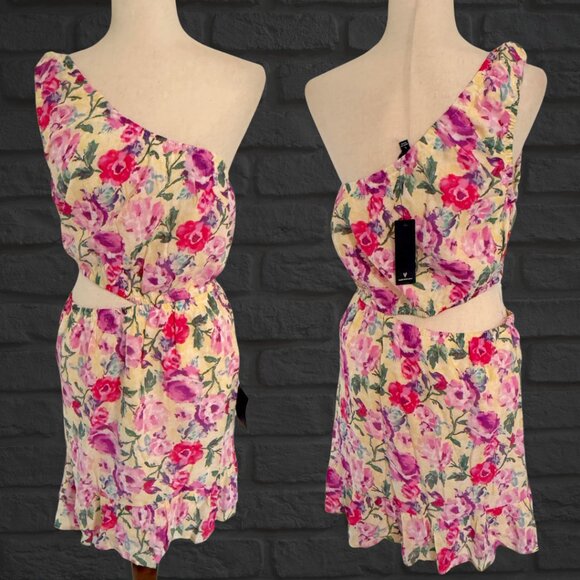 NWT Lulus Floral Cut Out Sundress Sleeveless Pink Yellow One Shoulder Size Large - Picture 1 of 11